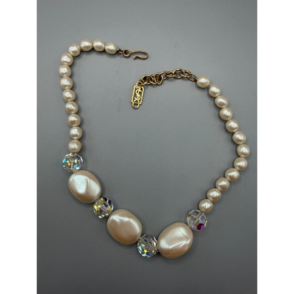 Vintage YSL Yves Saint Laurent Faux Pearl and Crystal Statement Necklace #1049 - Picture 3 of 5